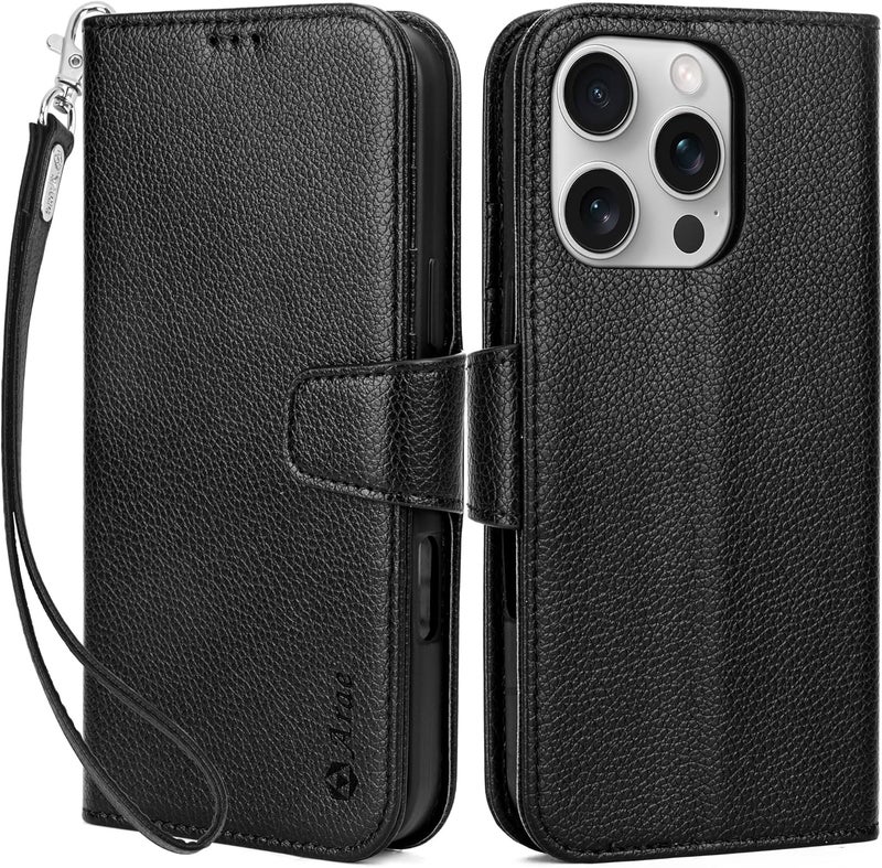 Arae Compatible with iPhone 16 Pro Case Wallet with Card Holder, Wristlet Strap Wallet Flip Cover for iPhone 16 Pro 6.3 inch Men/Women, RFID Blocking, Kickstand,Litchi Black - Image 1